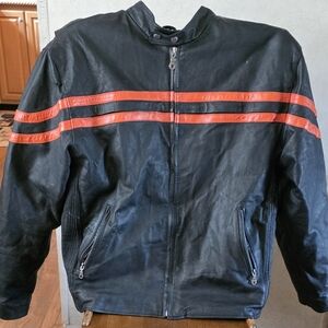Men's Black and Orange Leather Bomber Jacket